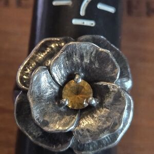 Silver Floral Ring with Yellow Gemstone